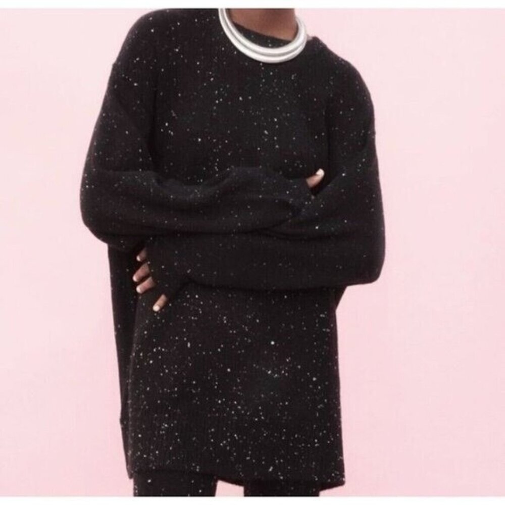 Zara Wool Alpaca Blend Black White Speckled Crew Neck Knit Sweater Womens sz S